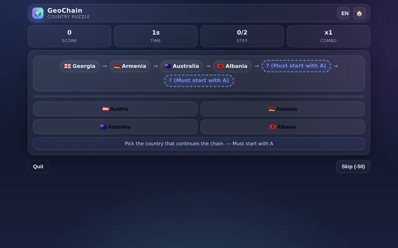 GeoChain — Country Name Chain Puzzle