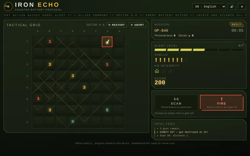 Iron Echo — Counter-Battery Grid Puzzle